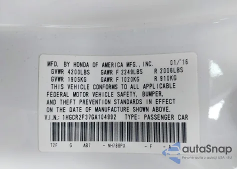 2016 Honda Accord Lx from USA, damaged, VIN 1HGCR2F37GA104992